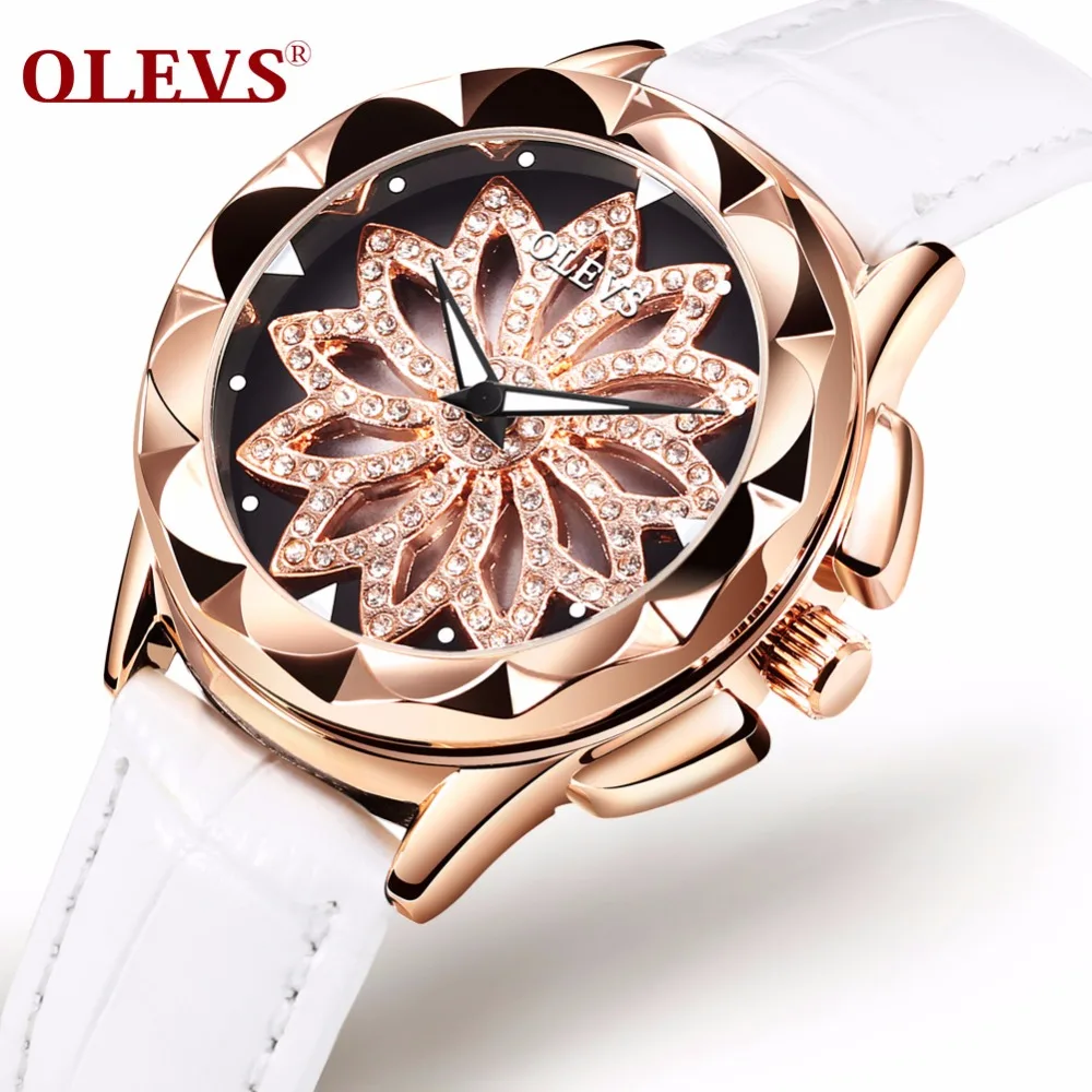 

OLEVS Luminous Ladies Wristwatches Cubic Zirconia Gold Dial Creative Watches Flowers Case Leather Women Watch Clock reloj mujer