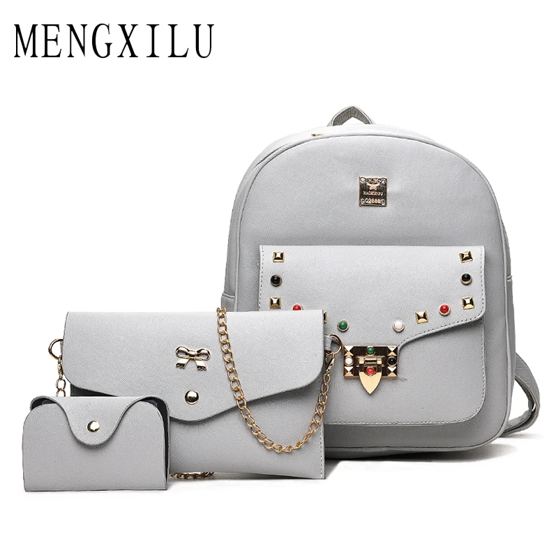 

MENGXILU Brand 3 Pcs/Set Colorful Rivet Women Backpack High Quality School Bags For Teenagers Girls PU Leather Backpack Female