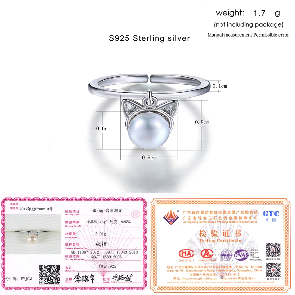 LAMOON Lovely Cat 925-Sterling-Silver Adjustable Rings 6mm Pearls S925 Fine Jewelry for Women Girls Gift Anti Allergy LMRY053