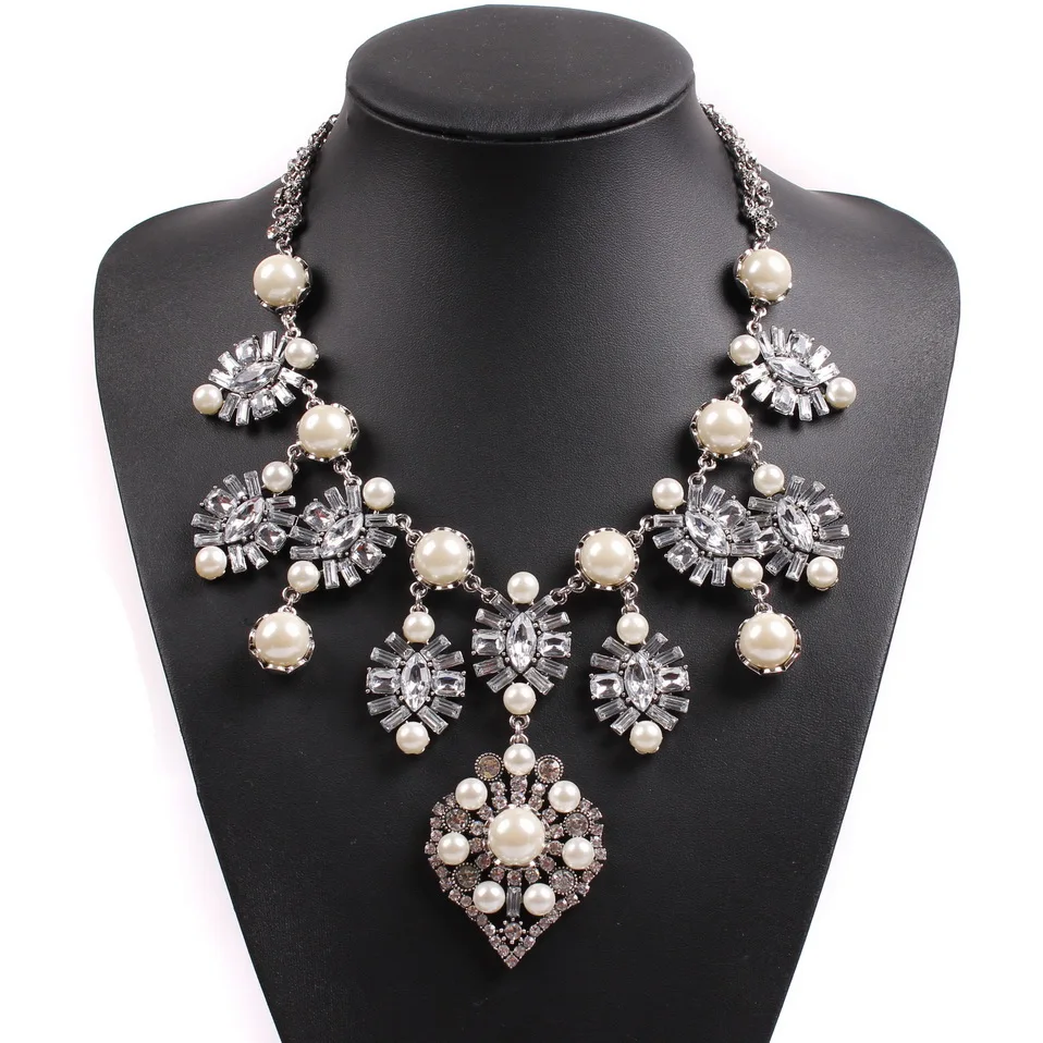 

2019 New Arrival Fashion Design Crystal Pendant Fake Pearl Chunky Statement Brand Necklaces for Women Big Party Jewelry