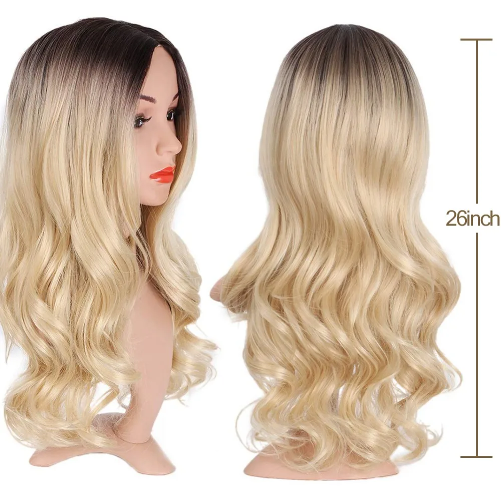 Pageup Middle Part Ombre Blond Wig For Women Heat Resistant Fiber Ladies Daily Cosplay Long Wavy Hair Curly Synthetic Blonde Wig (6)