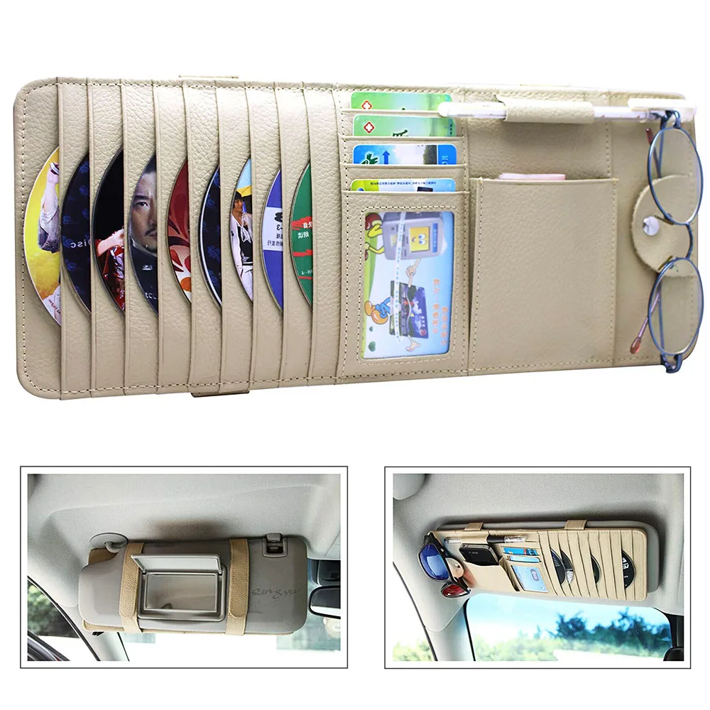 Genuine Leather Multifunction PU Car Sun Visor Storage Bag Auto Glasses Ticket Documents Folder Mobile Phone Organizer