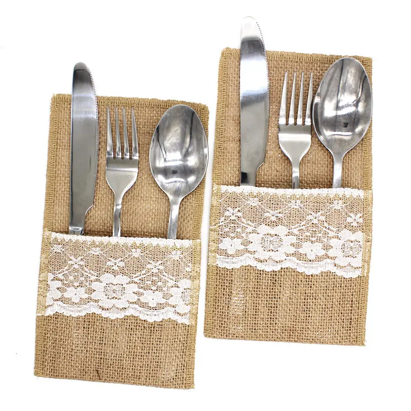 1PCS vintage Jute Hessian Burlap Linen lace Cutlery Pouch Rustic Wedding decoration Party Birthday Tableware Supplies Holder Bag