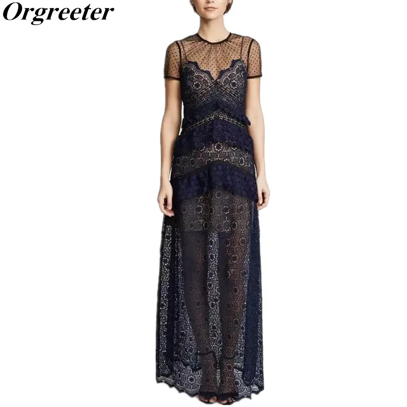 

2018 New Sexy See Though Polka Dot Mesh Ruffle Long Lace Dress Women Summer Femal Self Portrait Maxi dress Party Dinner Dress