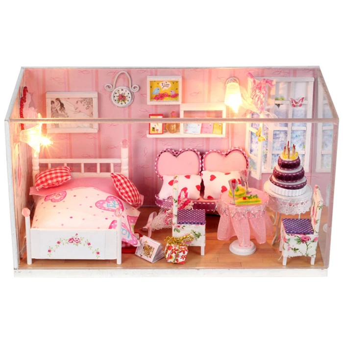 

Kids Toys Pink House Miniature DIY Dollhouse Furniture Wooden Doll Houses Miniature LED Lights Gift