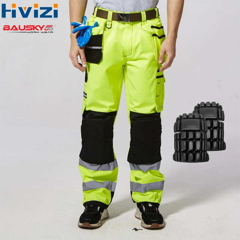 

Men's Hi Vis Yellow Work Pants With Knee Pads Working Trousers Men Reflective Safety Workwear Pants free shipping B221