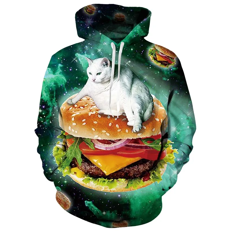  Raisevern New Funny Hamburger Cat Hoodie Women/men Unisex 3D Sweatshirt Harajuku Unisex Hooded Clot