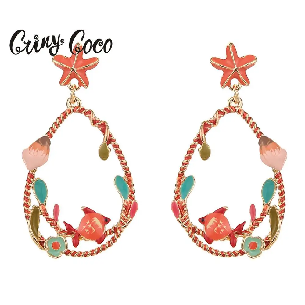 

Cring Coco Ocean Jewelry Series Colorful Earrings Long Enamel Alloy Statement Drop Fish Sea Star Dangle Earring for Women Girl