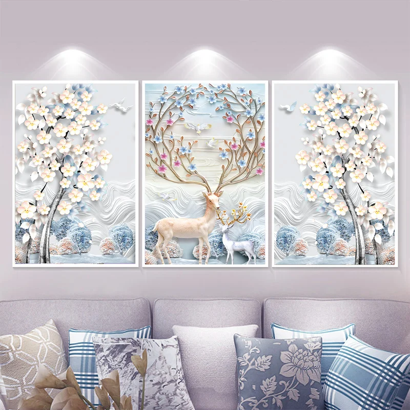 

QIANZEHUI,Needlework,DIY Fortune Tree Elk, Triptych Deer Cross stitch,panorama tower landscape scenery series ,Wall Home Decro