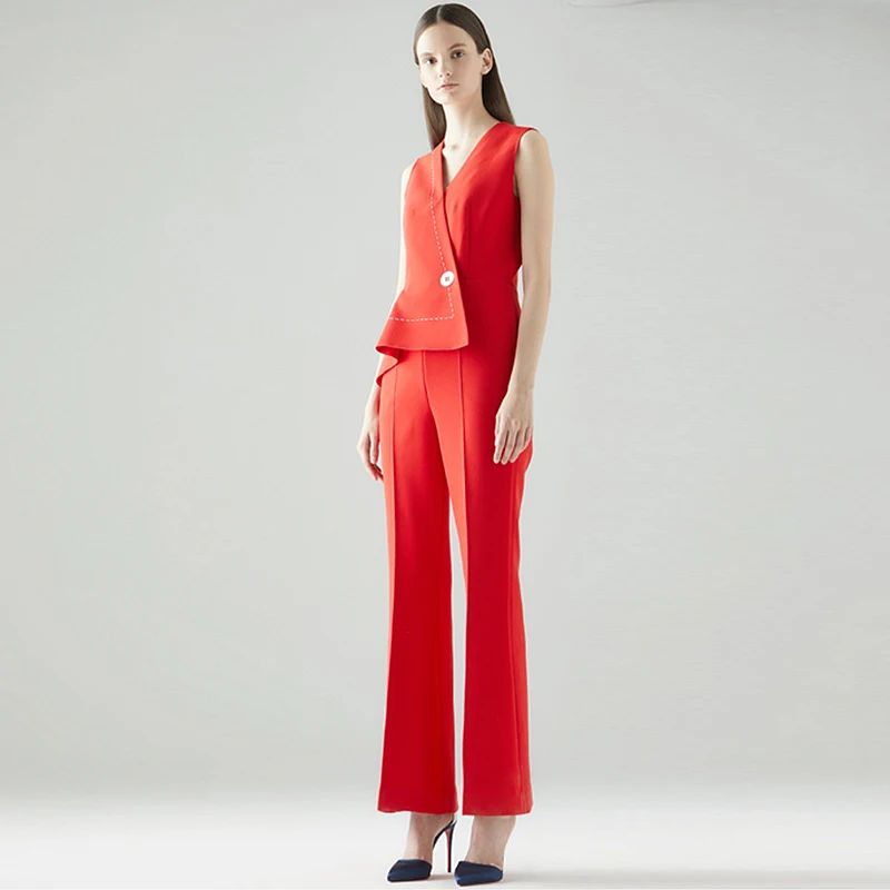 

Jumpsuits Women Asymmetric Design Sleeveless Pockets Button Decoration 2 Colors Regular Elegant Style Ladies New Fashion 2018