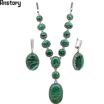 

Delicate Oval Malachite Necklace Earrings Jewelry Set For Women Double Layer Hollow Flower Antique Silver Plated TS271