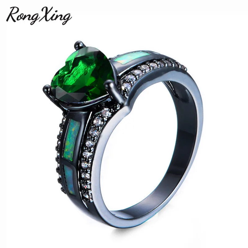 RongXing камень для родившихся в мае белый опалы в форме зеленого сердца кольца для женский, Черный золотое покрытие AAA циркон обещание Свадебные украшения RB1352