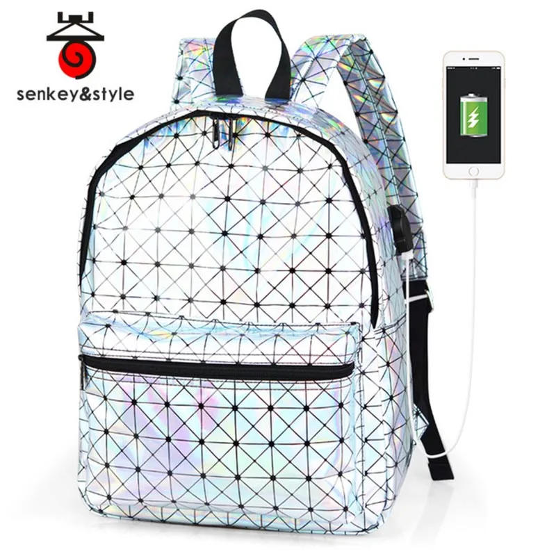 

New 2018 Grils Silver Hologram Laser School Backpacks PU Leather Holographic Backpack Women Fashion Waterproof School Bag