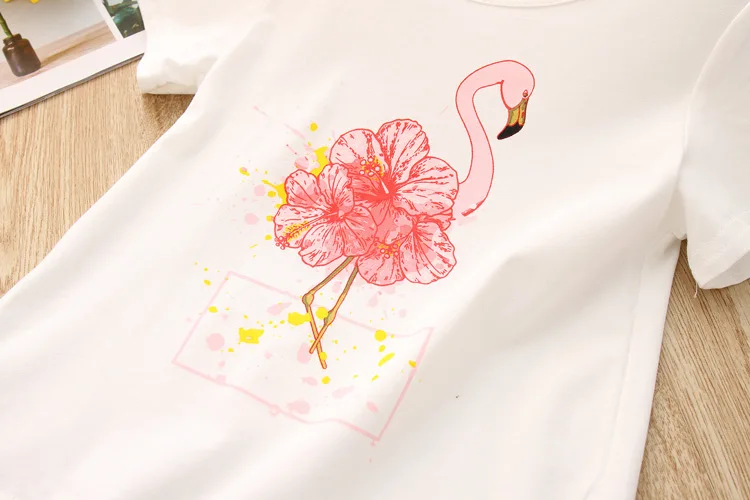 Одежда для маленьких девочек футболка с короткими рукавами и принтом фламинго и платье с вышивкой, Летний милый комплект одежды для маленьких девочек