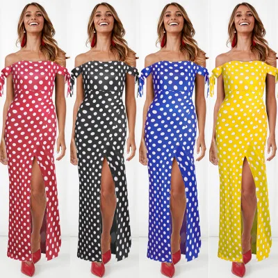 Женское платье макси с открытыми плечами Vestidos элегантное вечернее в горошек