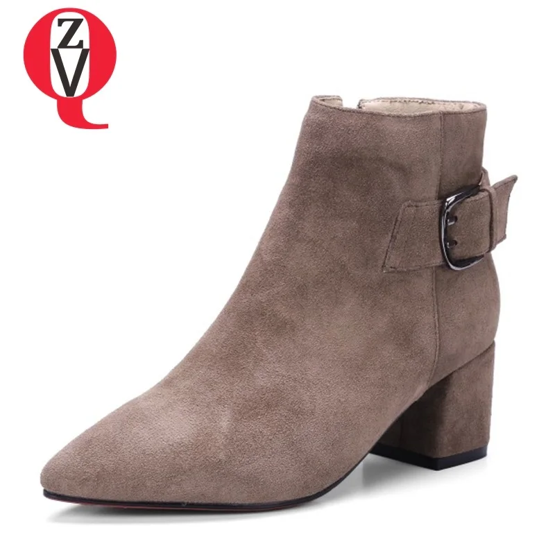 

ZVQ newest cow suede pointed toe high square heel zipper big size heel height 5.5 cm metal buckle decoration women ankle boots