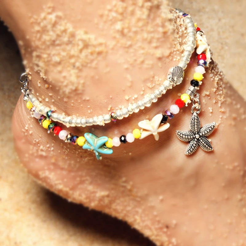 Boho Double Layered Alloy Turtle Fish Starfish Beads Anklets For Women Summer Beach Anklet Bracelet Foot Jewelry enkelbandje Q4