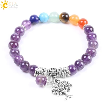 

CSJA Natural Stone Purple Quartz 7 Chakra Beads Bracelet Yoga Meditation Tree of Life Pendant Balance Combination for Women F107