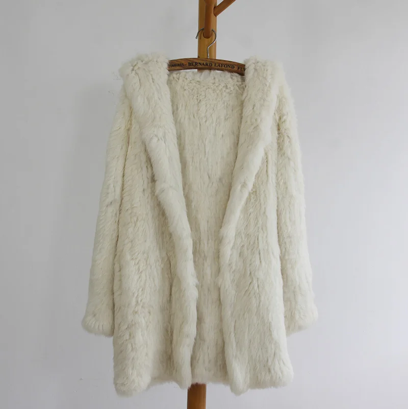 Новинка, модная зимняя женская длинная куртка с капюшоном, натуральный кроличий мех, вязаное пальто с капюшоном, теплая Толстая Меховая куртка RJ0013