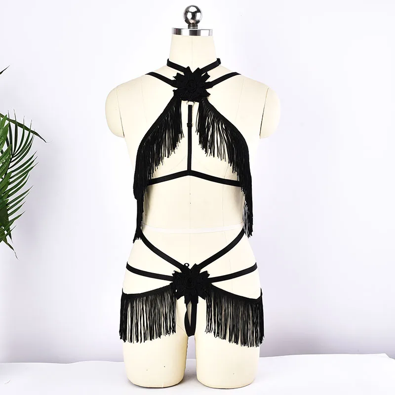 

Women Black Tassels Body Harness Cage Bra Harajuku Tassel Bottom Thongs G-string Briefs Fetish Wear Garter Harness Tassels Skirt