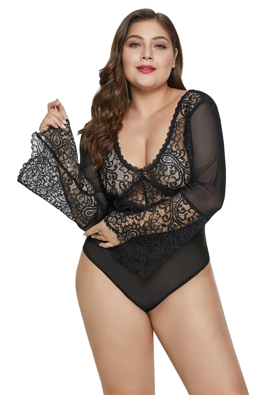 Black-Bell-Sleeve-Lace-Mesh-Plus-Size-Teddy-LC32339-2-1
