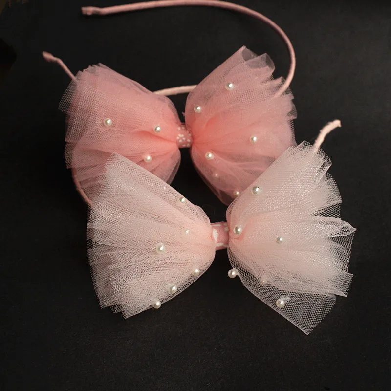 

1PCS/LOT Glitter Felt Big Size Bow Shape Hairband with Pearls Kid Headband Korean Gauze Luxury Pom Girls Headbands Cute Headwear