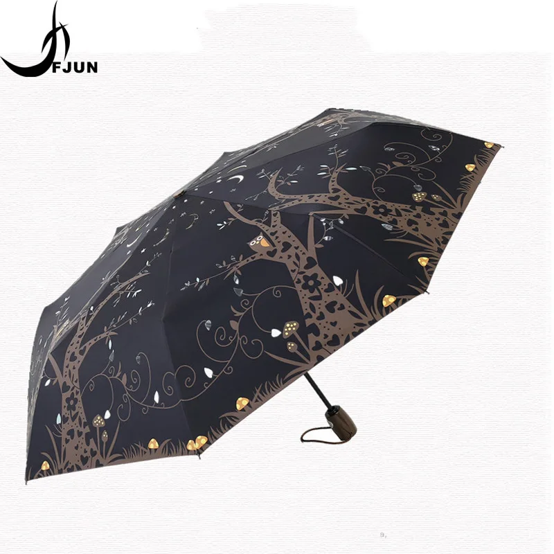 

Owl umbrella Black Coating sunscreen sunny umbrella rain woman three folding umbrella female Automatic creative UV Parasol gift