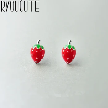 

RYOUCUTE Real Silver Color Strawberry Red Earrings for Women Female Jewelry Pure Silver Earrings Girls Gift Pendientes