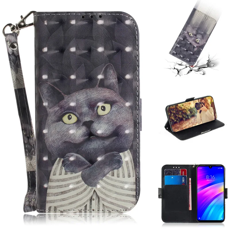 

2019 Hot Soft TPU+PU Leather Case For Xiaomi Redmi Note 7 Case 3D Relief Flip Mobile Phone Bag For Coque Redmi 7 GO Wallet Case