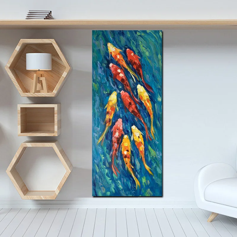Принт китайский абстрактный девять кои Рыба Лотос картина маслом на холсте плакат фэн шуй стены искусства картина для гостиной современный декор