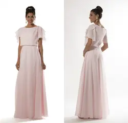 Длинные Скромные платья для подружки невесты 2019 с расклешенными рукавами светло-розовый трапециевидной формы длиной до пола Формальные