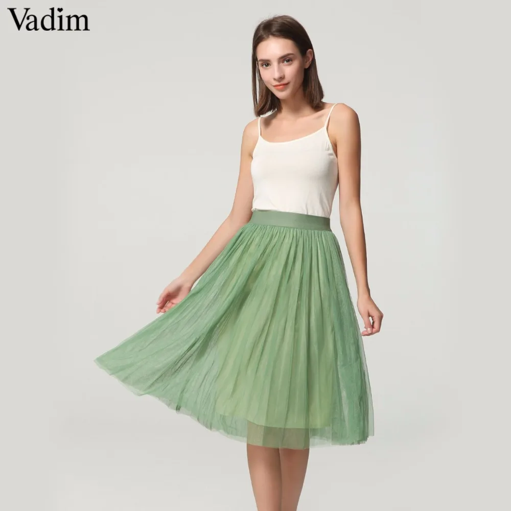 

Women chic Two Layer Tulle Pleated midi skirts with Lining Elastic High Waist summer cute casual solid Mesh Tutu skirts ZC080