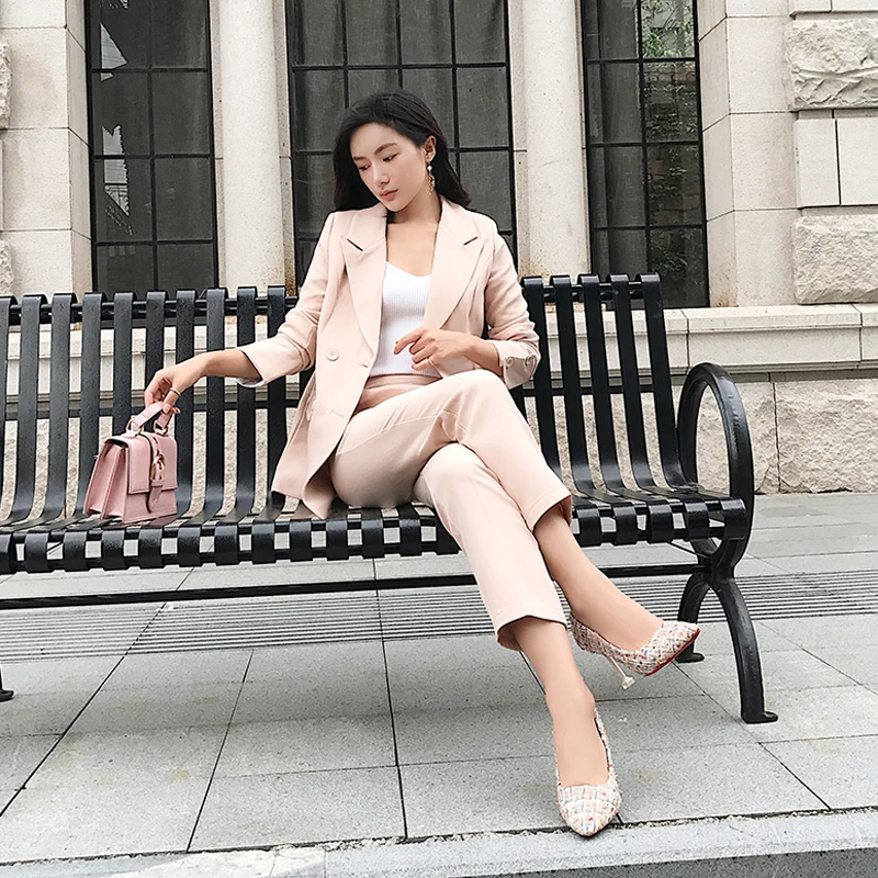 BGTEEVEER Casual 2 Pieces Set Women Pant Suits Notched Collar Blazer Jacket & Ankle-length Pants OL Female Suits 2018 Autumn