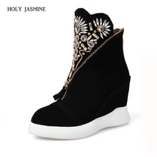 Г., новые модные женские ботильоны на танкетке, стразы удобные зимние короткие ботиночки на молнии спереди, женская обувь