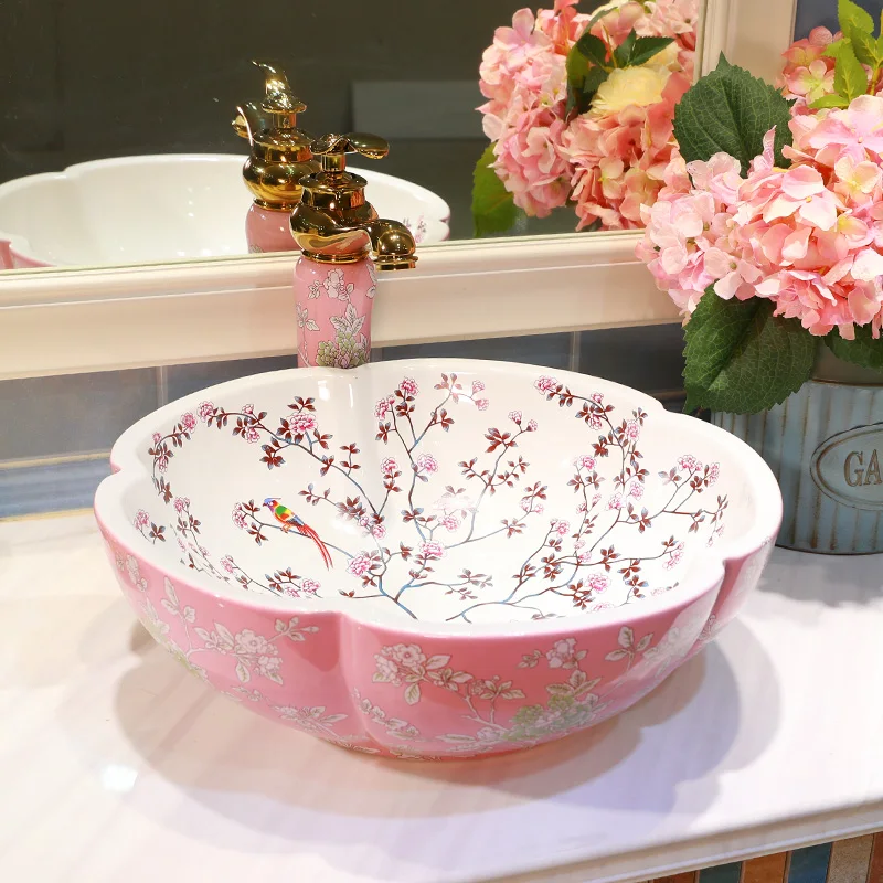 Розовый и белый цвет шланг для ванной комнаты Топ умывальник Cloakroom ручная роспись сосуд умывальная раковина с рисунком керамическая раковина