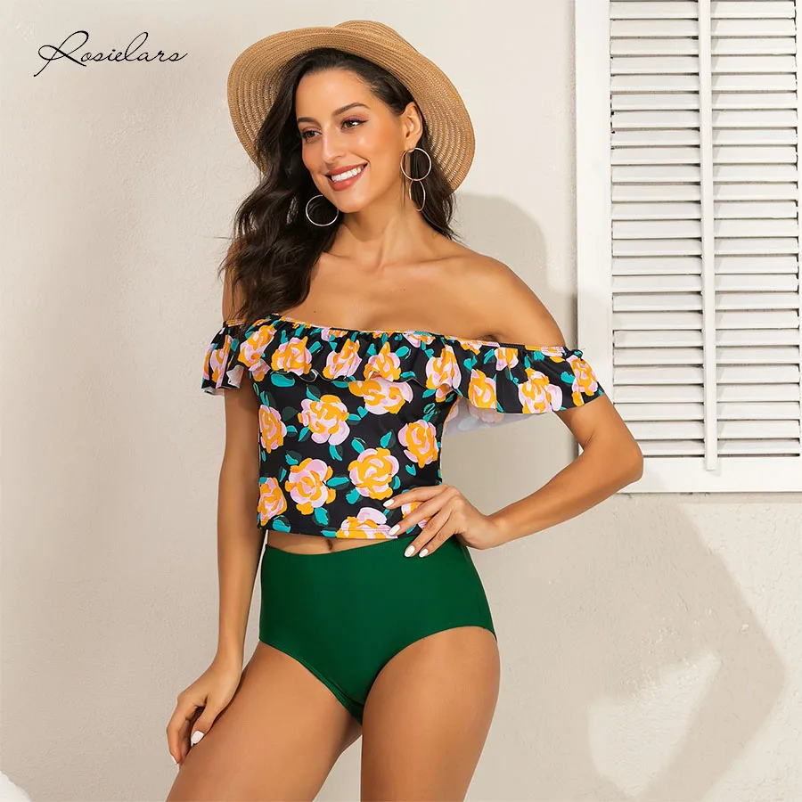 

2019 ROSIELARS Summer Bathing Suit Fashion Tankini Set Women Swimwear High Waist Strapless Frill Beach Swimsuit