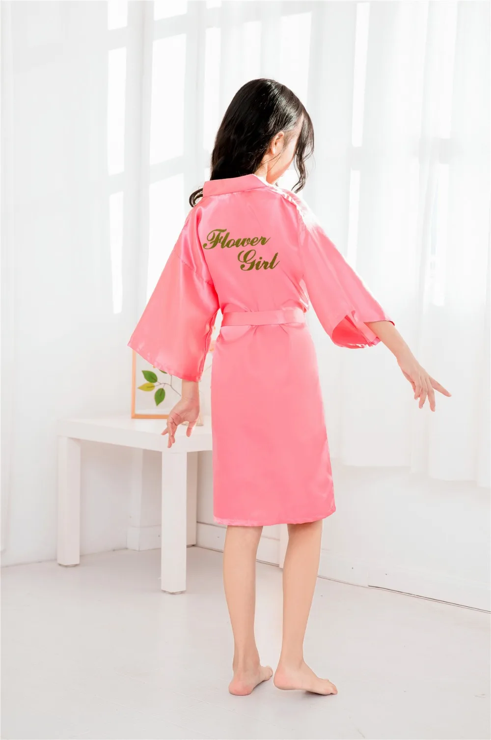 Твердые Цвет Письмо "для девочек в цветочек" Детские Свадебный халат платье Детское кимоно, ночная рубашка для девочек; сезон лето одежда для сна, ночнушка