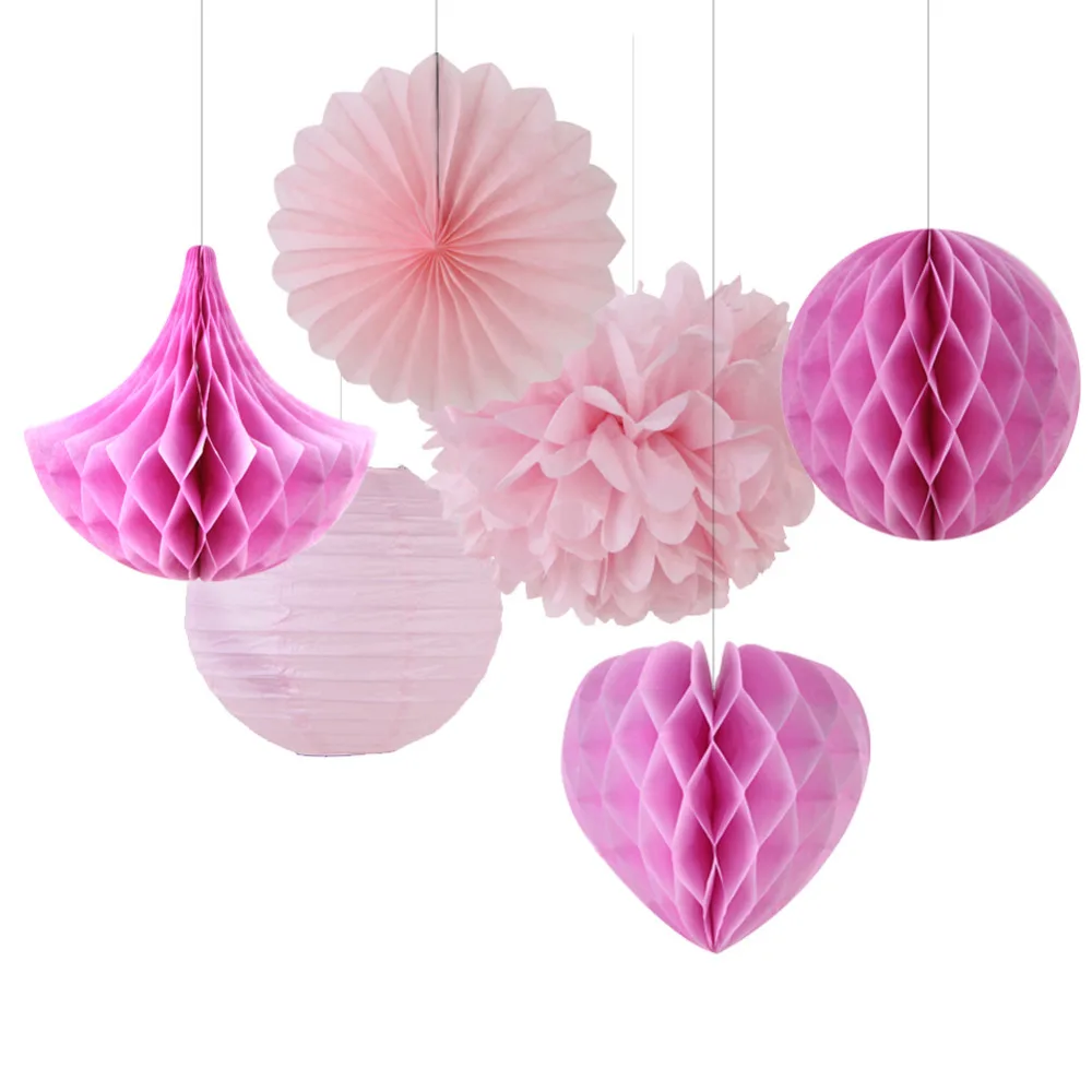 

6pcs Pink Shade Party Decoration Set(Honeycomb Ball/Heart/Drop/Pinwheel/Pom Pom)for Birthday Baby Shower Wedding Valentines Day