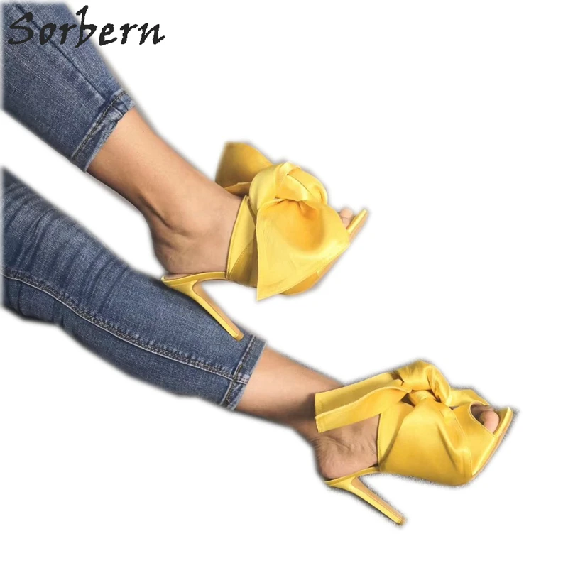 

Sorbern Yellow Satin Sandal High Heel Bowknot Slip On Slippers Ladies Diy Colors Stilettos Slides Shoes Women Summer Ladies Slip