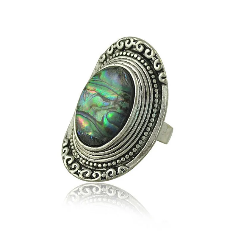 

Ancient silver rings Bohemian color shell carved metal alloy ring royal style women accessories ring