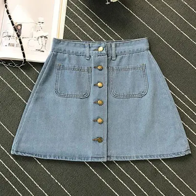 Однотонные короткие джинсовые юбки трапециевидной формы с высокой талией, Женская Повседневная мини-юбка на пуговицах с карманами, летняя женская модная простая джинсовая юбка - Цвет: Light-blue