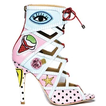 Новая мода sexy открытым носком, босоножки, ботильоны красочные тисненая кожа высокий каблук сапоги Женщина вырезать аутов сандалии сапоги