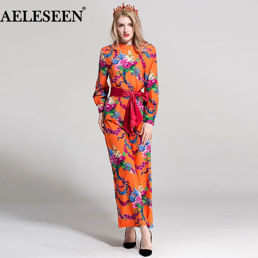 AELESEEN, модный винтажный Женский комплект из 2 предметов,, длинный рукав, летний топ с принтом и поясом+ пояс на талии, эластичные Подиумные брюки, костюмы