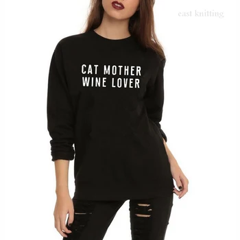

WS0194 Women Black Sweatshirt Cat Mother Wine Lover Funny Pullovers