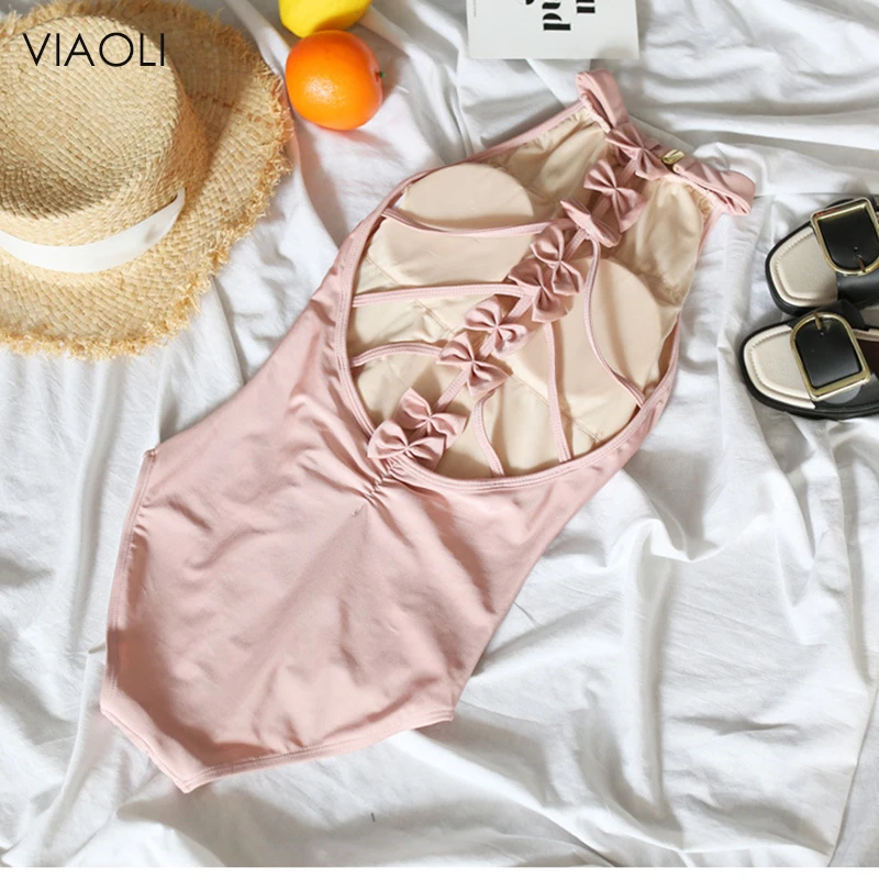 

New Korean Bow At Back One-Piece Swimsuit Pink Blue Backless Swimwear Women Retro Round Neck High Quality Bathing Swimming Suit