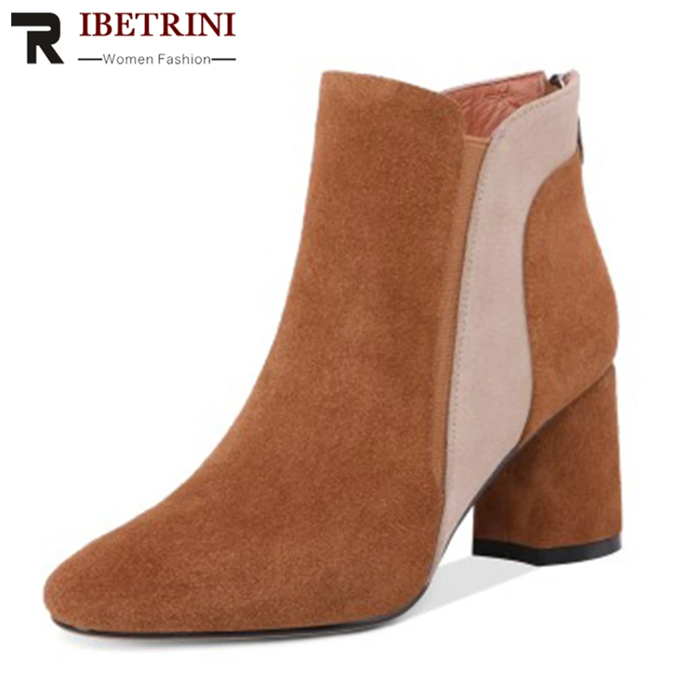 

RIBETRINI New Cow Suede Hot Sale Mix Color Ankle Boots Woman Shoes Zip Up Chunky High Heels 3 Colors Shoes Woman Boots Female