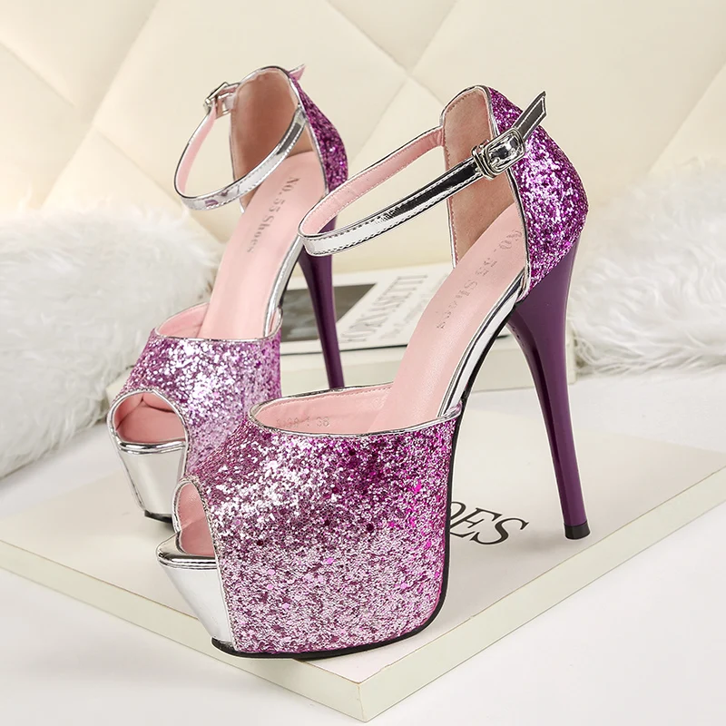 

Color matching fish mouth sandals elegant high heels Europe and America sexy gradient color nightclub model catwalk womens shoes