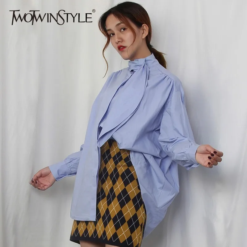 

TWOTWINSTYLE Vintage Women's Shirt Blouses Tops Female Lantern Sleeve Lace Up Bow Casual Shirts Blusa Clothing Fashion New 2018