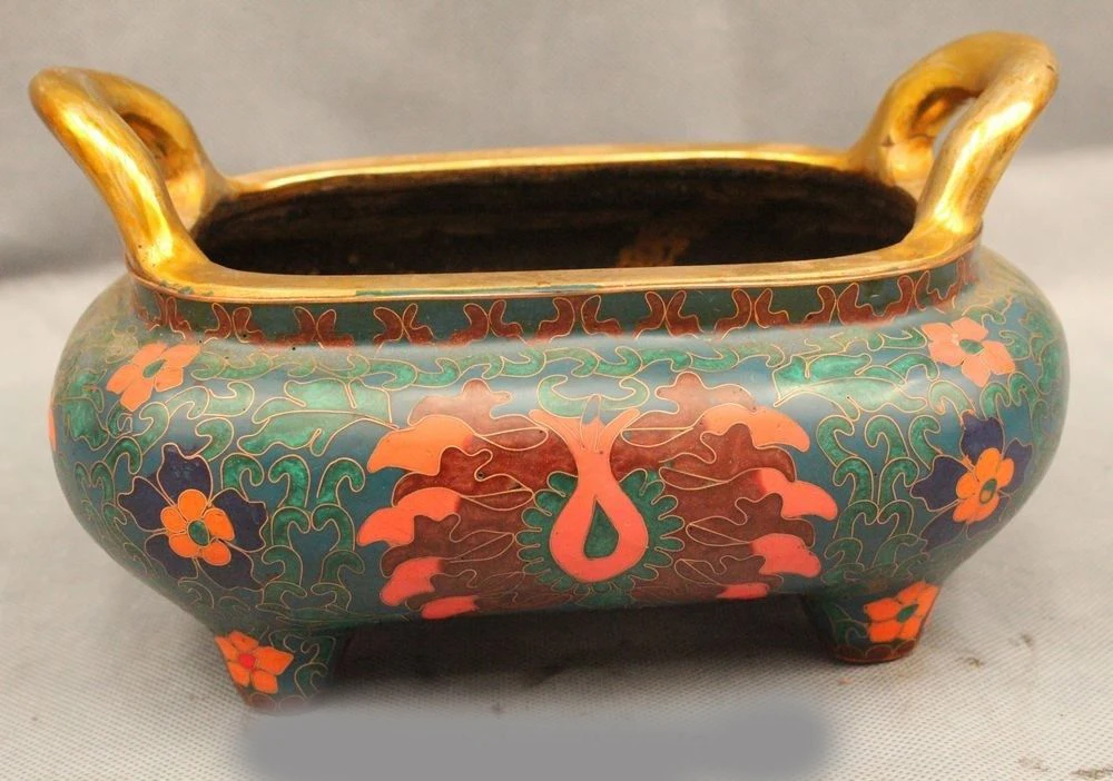 

DS 6" Marked Chinese Cloisonne Bronze Gild Flower Round Incense Burner Censer
