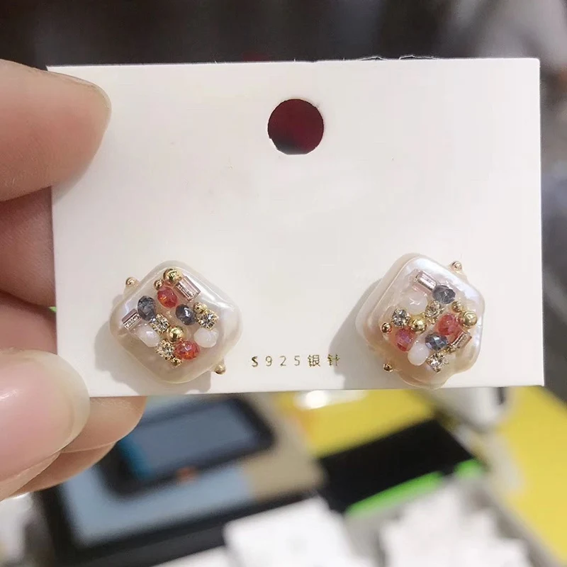 

MENGJIQIAO New Japan Squre Natural Freshwater Pearl Crystal Stud Earrings For Women Cute Vintage Zircon Brincos Girl Gifts